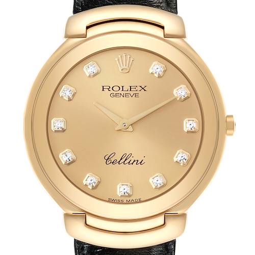 The Rolex Cellini 6623 Men's Yellow Gold Champagne Dial 6623 Men's Yellow Gold Champagne Dial watch is shown from a front angle, highlighting its gold dial, diamond hour markers, and luxurious design.