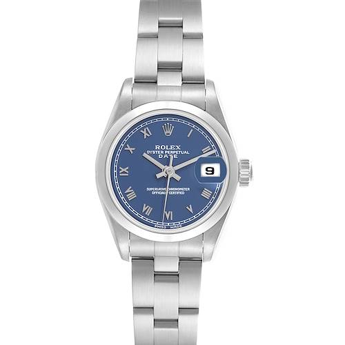 The Rolex Date 69160 Women's Stainless Steel Blue Dial 69160 Women's Stainless Steel Blue Dial watch is shown from a front angle, displaying the dial, bracelet, and crown.