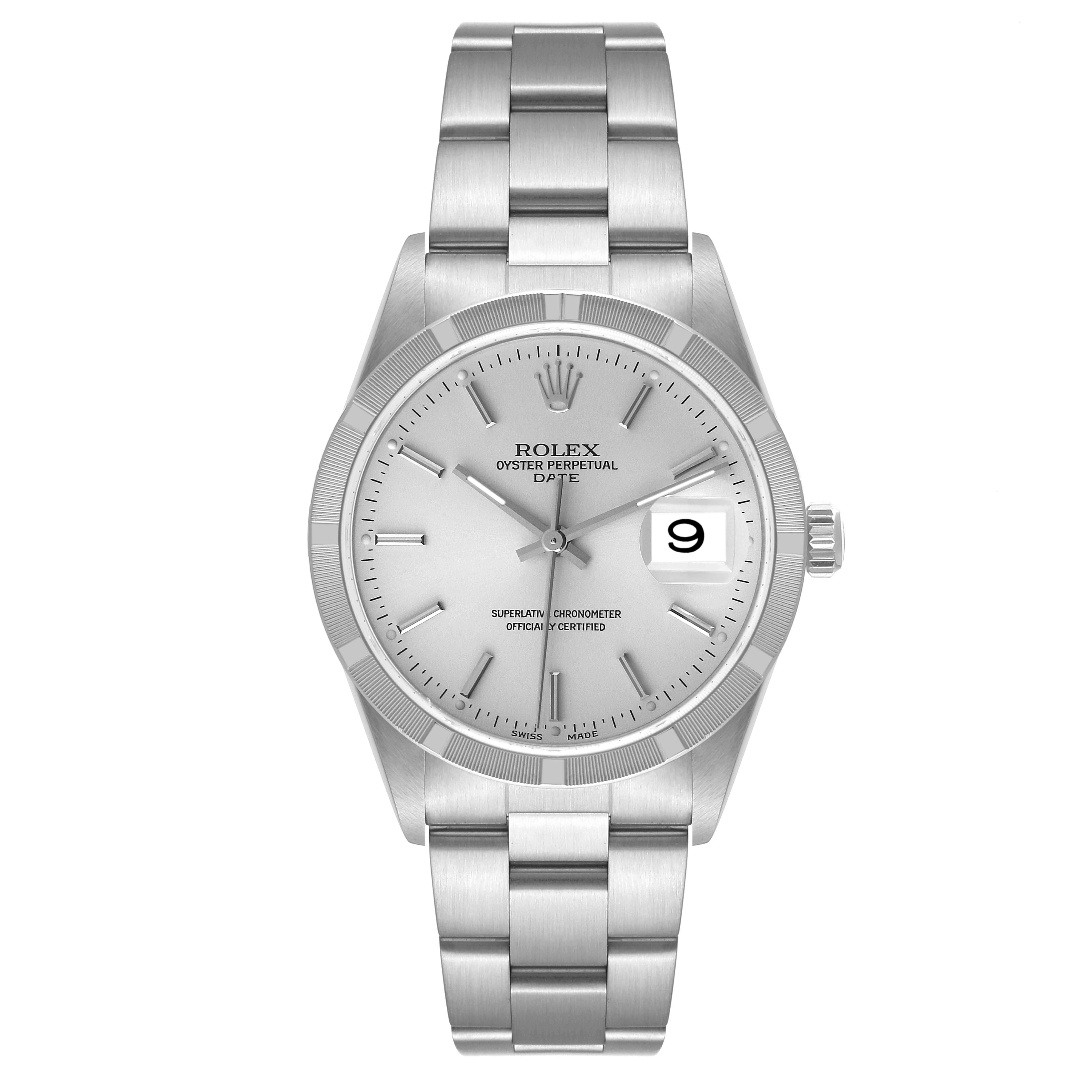 This is a front view of a Rolex Oyster Perpetual Date watch showcasing its face, bezel, bracelet, and date window.