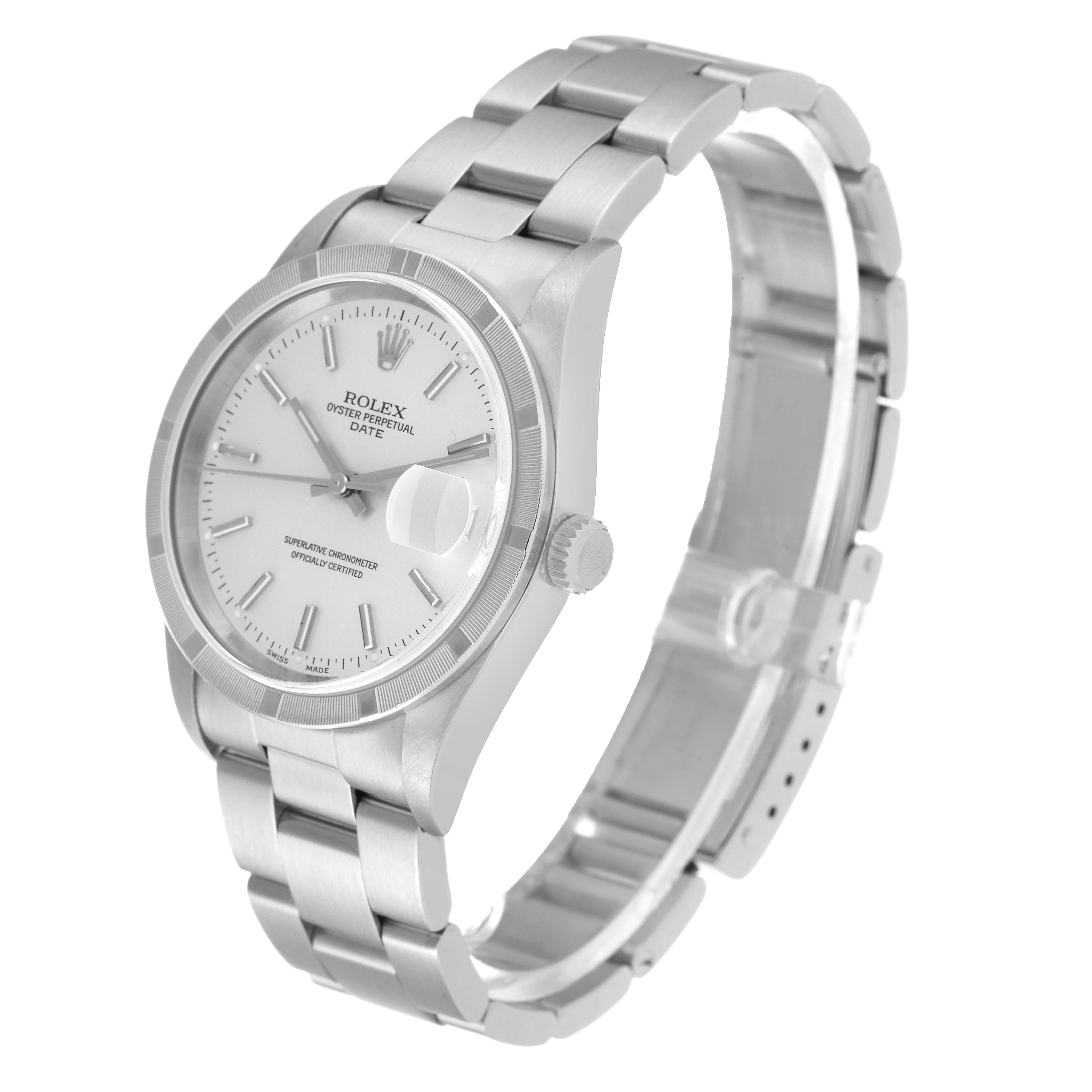 The image shows a side-angle view of a Rolex Date 15210 Men's Stainless Steel Silver Dial 15210 Men's Stainless Steel Silver Dial watch, highlighting its face, crown, and bracelet.