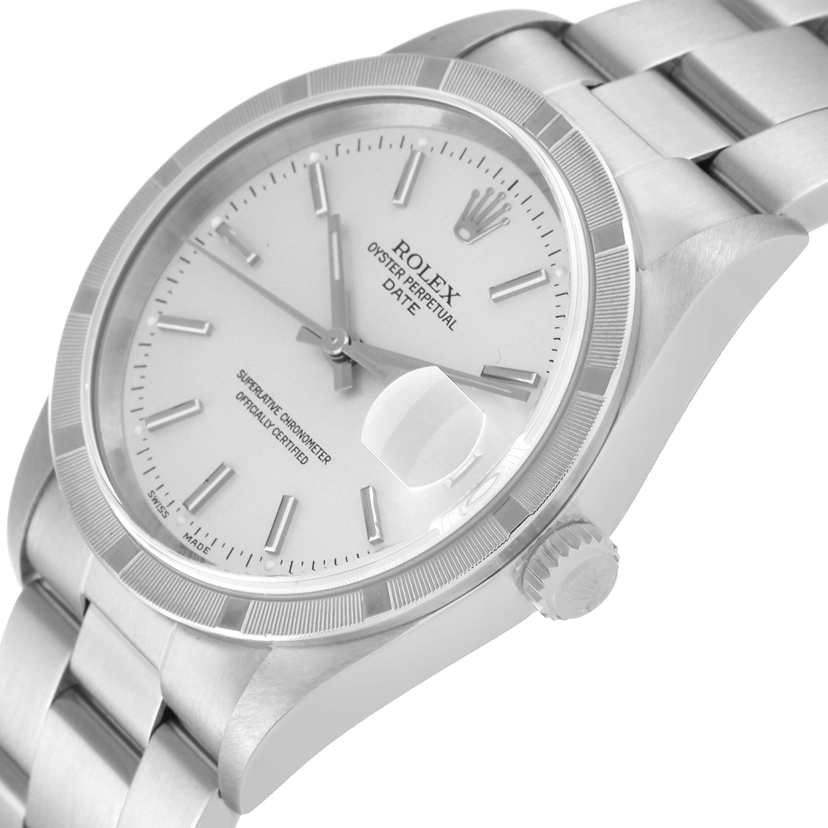The image shows a close-up angled view of the face, bezel, crown, and bracelet of a Rolex Date 15210 Men's Stainless Steel Silver Dial 15210 Men's Stainless Steel Silver Dial model watch.