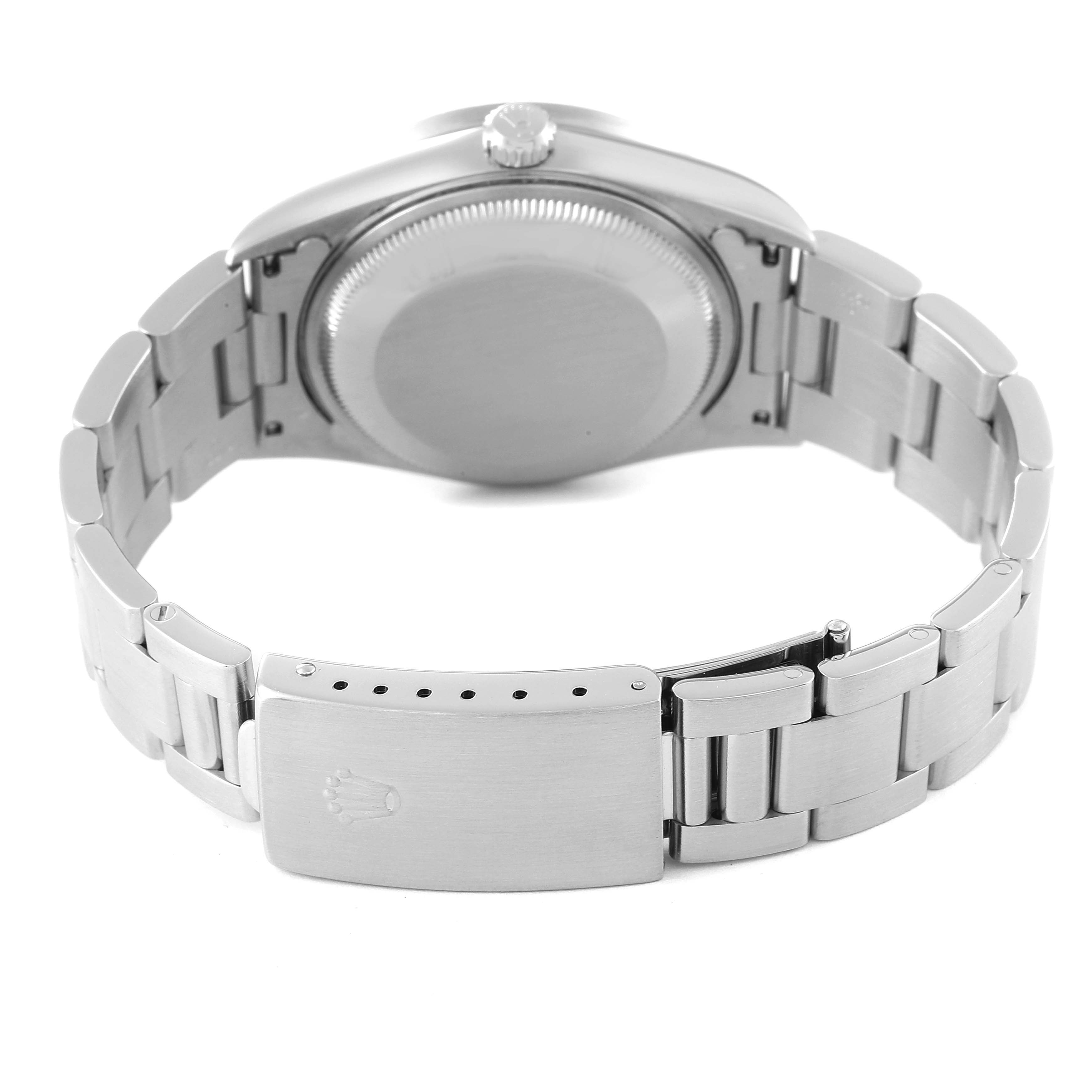 The image shows the backside and bracelet clasp of a Rolex Date 15210 Men's Stainless Steel Silver Dial 15210 Men's Stainless Steel Silver Dial model watch.