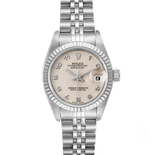 The image shows a Rolex Datejust 69174 Women's Stainless Steel Silver Dial 69174 Women's Stainless Steel Silver Dial watch from the front, displaying the dial, bezel, crown, and part of the bracelet.