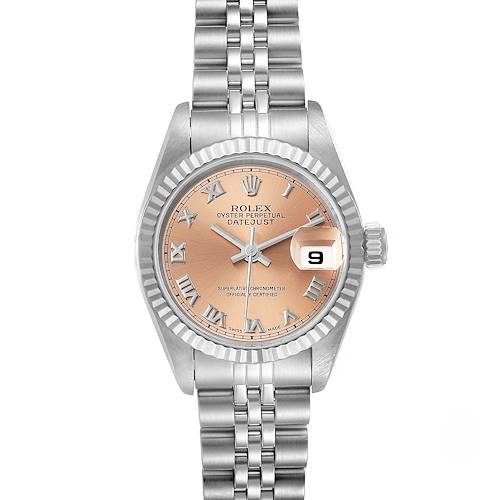 The Rolex Datejust 69174 Women's Stainless Steel Pink Dial 69174 Women's Stainless Steel Pink Dial watch is shown from a top-down angle, highlighting its face, bracelet, and date display.