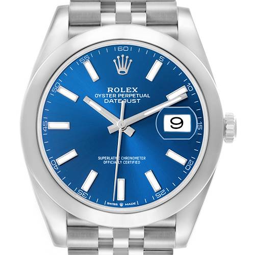 The Rolex Datejust 41 126300 Men's Stainless Steel Blue Dial 126300 Men's Stainless Steel Blue Dial watch is shown from the front, highlighting its blue dial, date display, and stainless steel bracelet.
