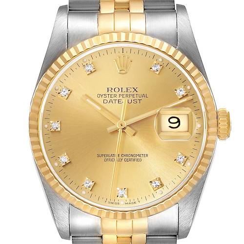 The image shows a front view of the Rolex Datejust 16233 Men's Steel and Gold (two tone) Champagne Dial 16233 Men's Steel and Gold (two tone) Champagne Dial watch, highlighting its gold dial, diamond hour markers, date window, and two-tone bracelet.