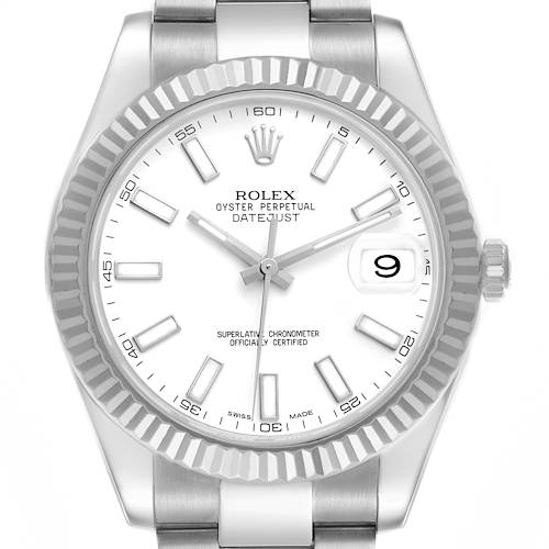 The Rolex Datejust 41 116334 Men's Stainless Steel White Dial 116334 Men's Stainless Steel White Dial watch is shown from a front angle, highlighting the dial, bezel, and bracelet.