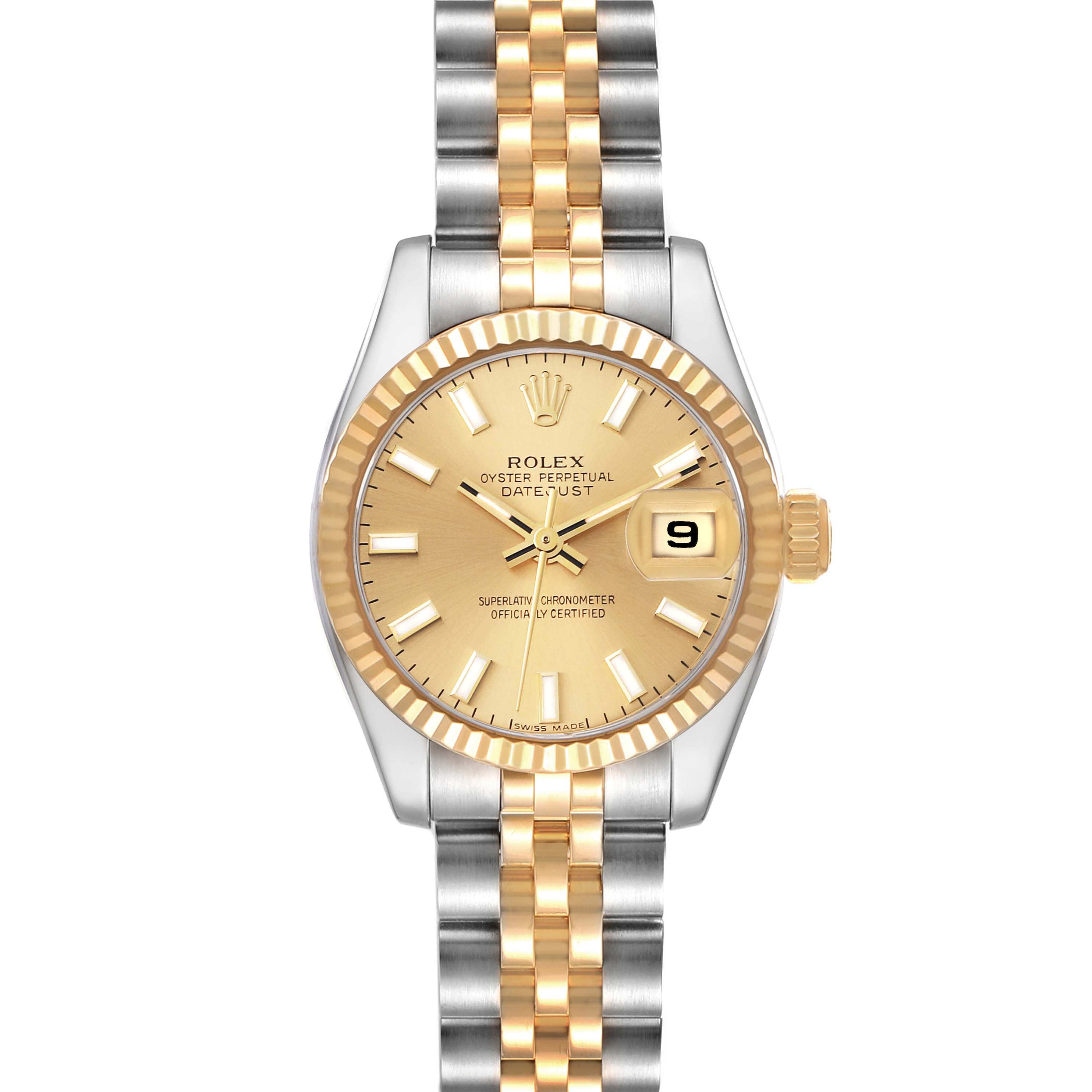 The image shows a front view of a Rolex Datejust 179173 Women's Steel and Gold (two tone) Champagne Dial 179173 Women's Steel and Gold (two tone) Champagne Dial watch, displaying its dial, bezel, and bracelet.
