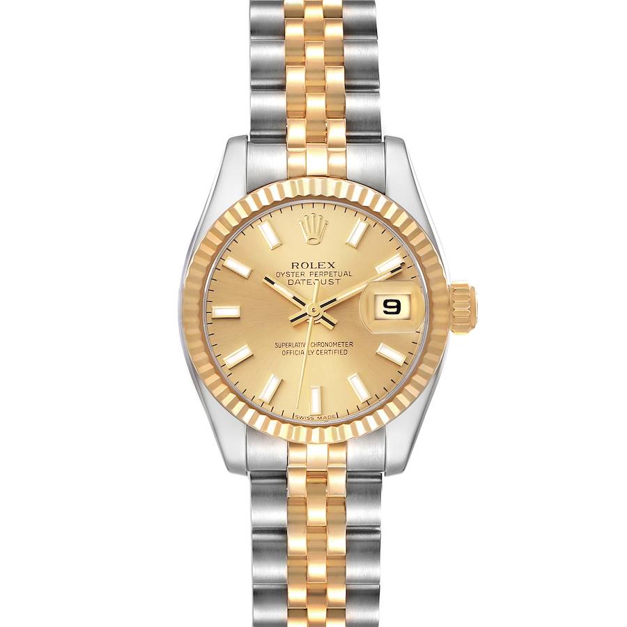 The image shows a front view of a Rolex Datejust 179173 Women's Steel and Gold (two tone) Champagne Dial 179173 Women's Steel and Gold (two tone) Champagne Dial watch, displaying its dial, bezel, and bracelet.