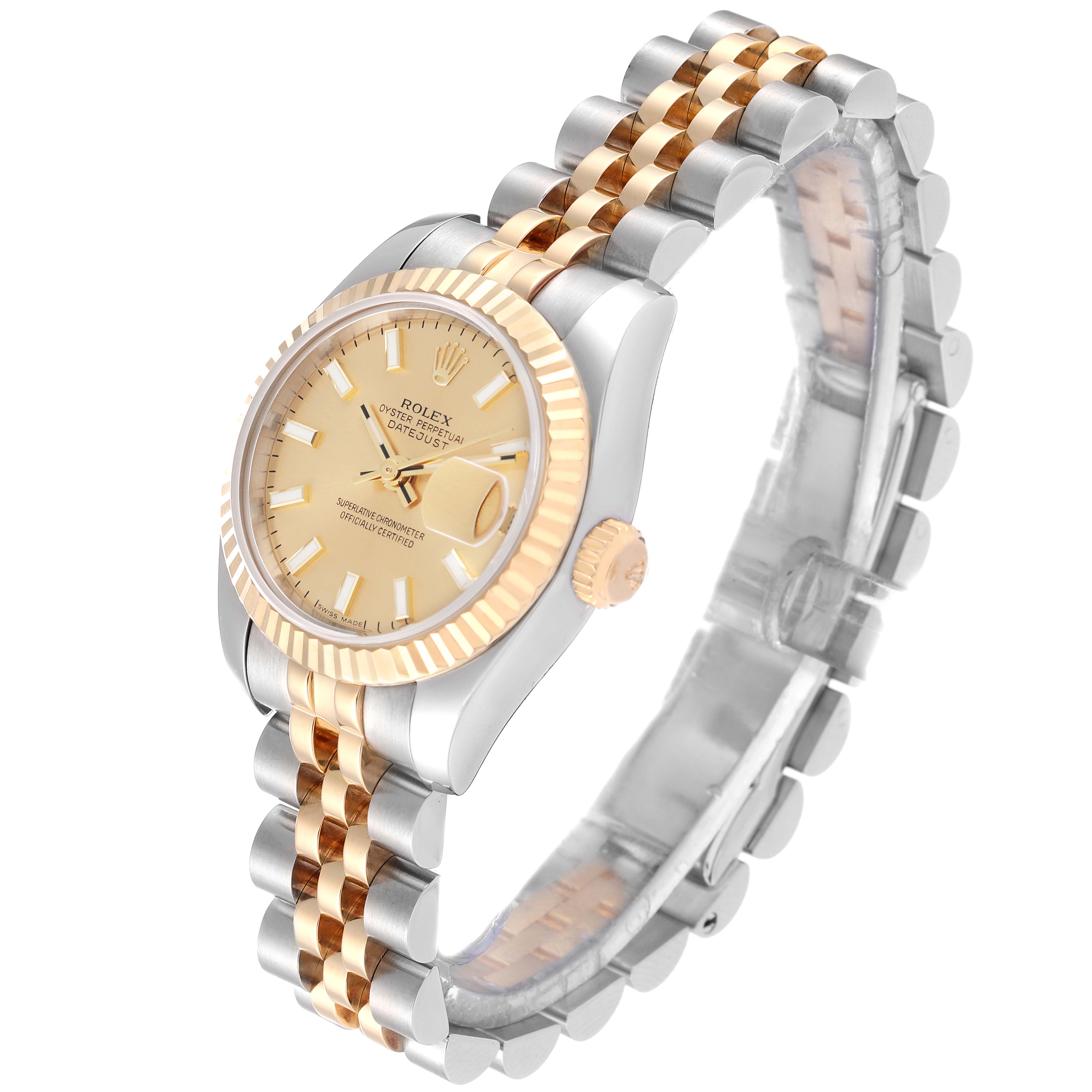 The Rolex Datejust 179173 Women's Steel and Gold (two tone) Champagne Dial 179173 Women's Steel and Gold (two tone) Champagne Dial watch is shown at an angle displaying the face, bezel, and two-tone bracelet.