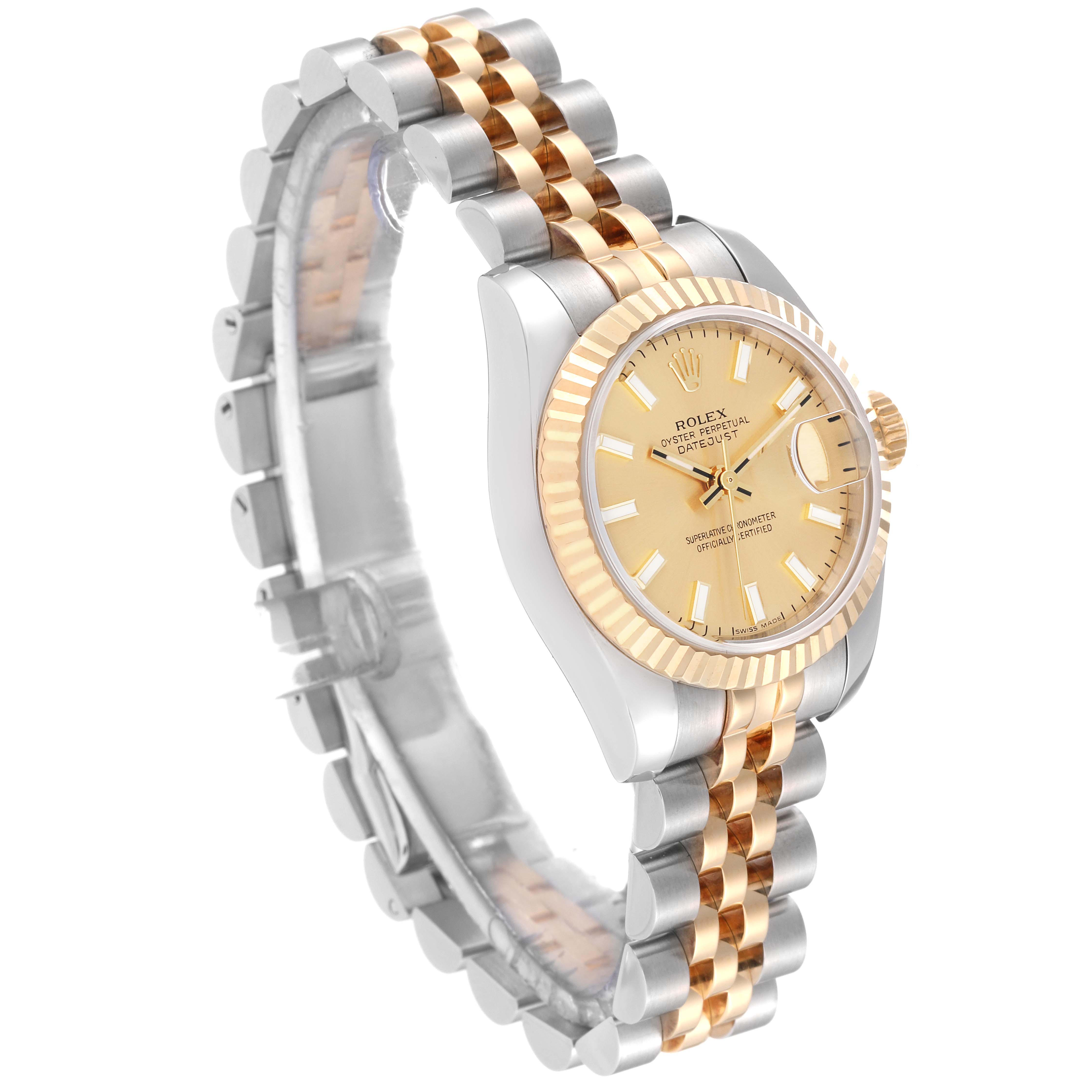 The Rolex Datejust 179173 Women's Steel and Gold (two tone) Champagne Dial 179173 Women's Steel and Gold (two tone) Champagne Dial watch is shown at a three-quarter angle, highlighting the dial, bezel, and two-tone bracelet.