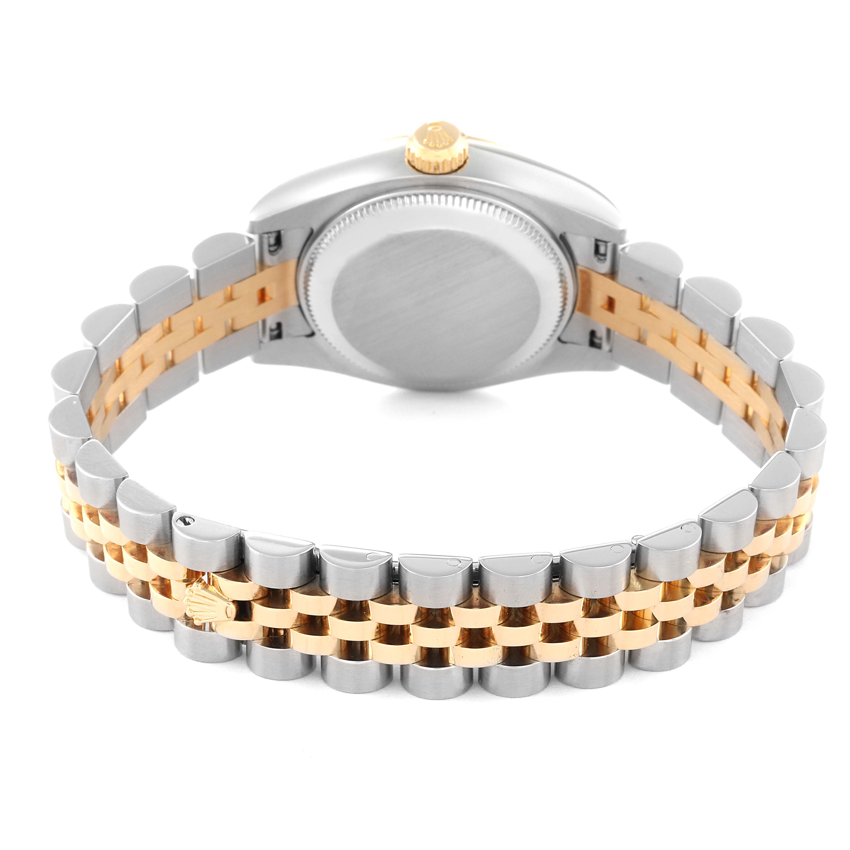 The image shows the back view of the Rolex Datejust 179173 Women's Steel and Gold (two tone) Champagne Dial 179173 Women's Steel and Gold (two tone) Champagne Dial watch, focusing on its two-tone bracelet and case back.
