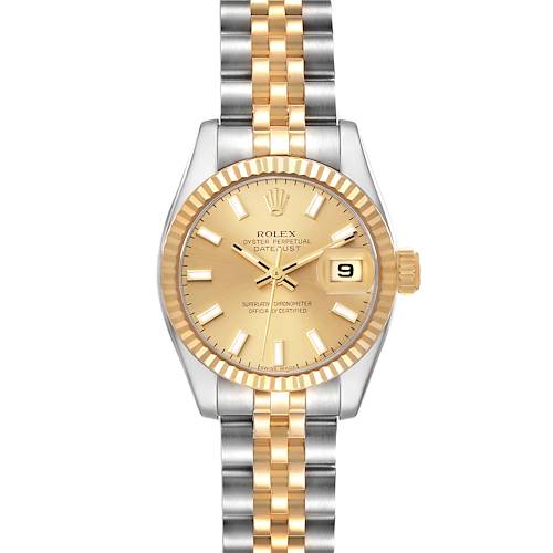 The Rolex Datejust 179173 Women's Steel and Gold (two tone) Champagne Dial 179173 Women's Steel and Gold (two tone) Champagne Dial watch is shown from a top-down angle, highlighting the dial, bezel, case, and bracelet.