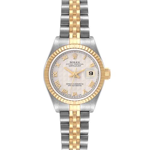 This image shows a frontal view of a Rolex Datejust 79173 Women's Steel and Gold (two tone) Beige Dial 79173 Women's Steel and Gold (two tone) Beige Dial watch, highlighting its face, bezel, crown, and bracelet.