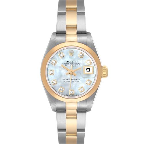 The image shows a front view of the Rolex Datejust 79163 Women's Steel and Gold (two tone) Mother of Pearl Dial 79163 Women's Steel and Gold (two tone) Mother of Pearl Dial watch, highlighting the dial, bezel, and bracelet.