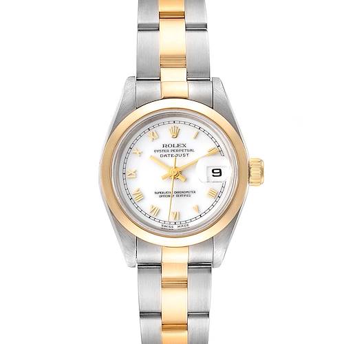 The image shows a front view of a Rolex Datejust 69163 Women's Steel and Gold (two tone) White Dial 69163 Women's Steel and Gold (two tone) White Dial watch, highlighting the dial, bracelet, bezel, and crown.