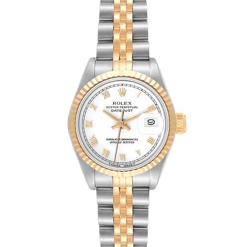 The image shows a frontal view of the Rolex Datejust 69173 Women's Steel and Gold (two tone) White Dial 69173 Women's Steel and Gold (two tone) White Dial watch, highlighting its dial, bezel, and two-tone bracelet.