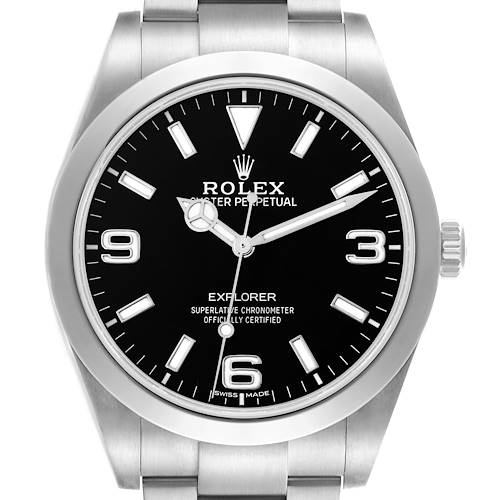 The Rolex Explorer 214270 Men's Stainless Steel Black Dial 214270 Men's Stainless Steel Black Dial watch is shown from a front angle, displaying the dial, bezel, and part of the bracelet.