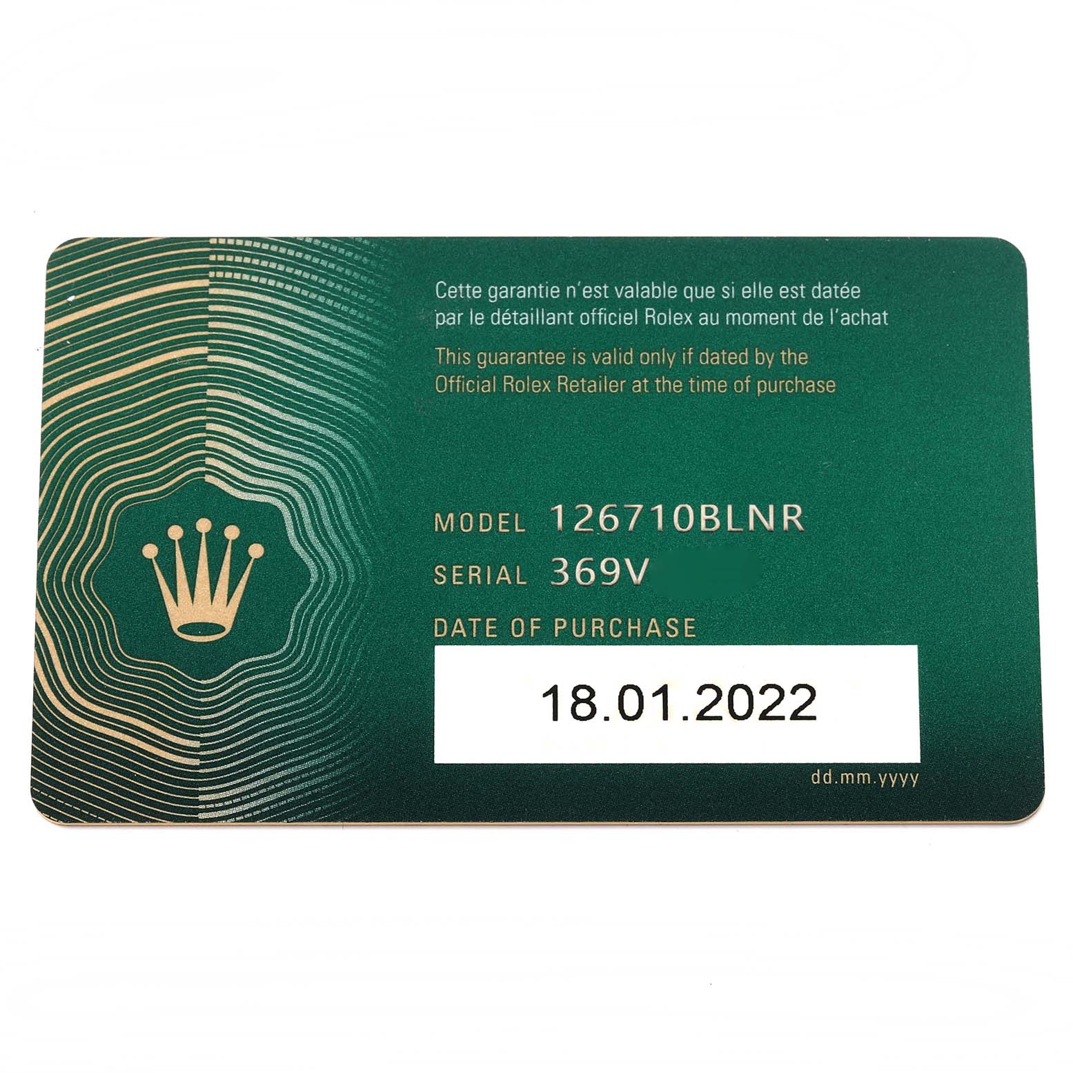 The image shows a warranty card for a Rolex GMT-Master 126710BLNR Men's Stainless Steel Black Dial 126710BLNR Men's Stainless Steel Black Dial model 126710BLNR, detailing its serial number and purchase date.