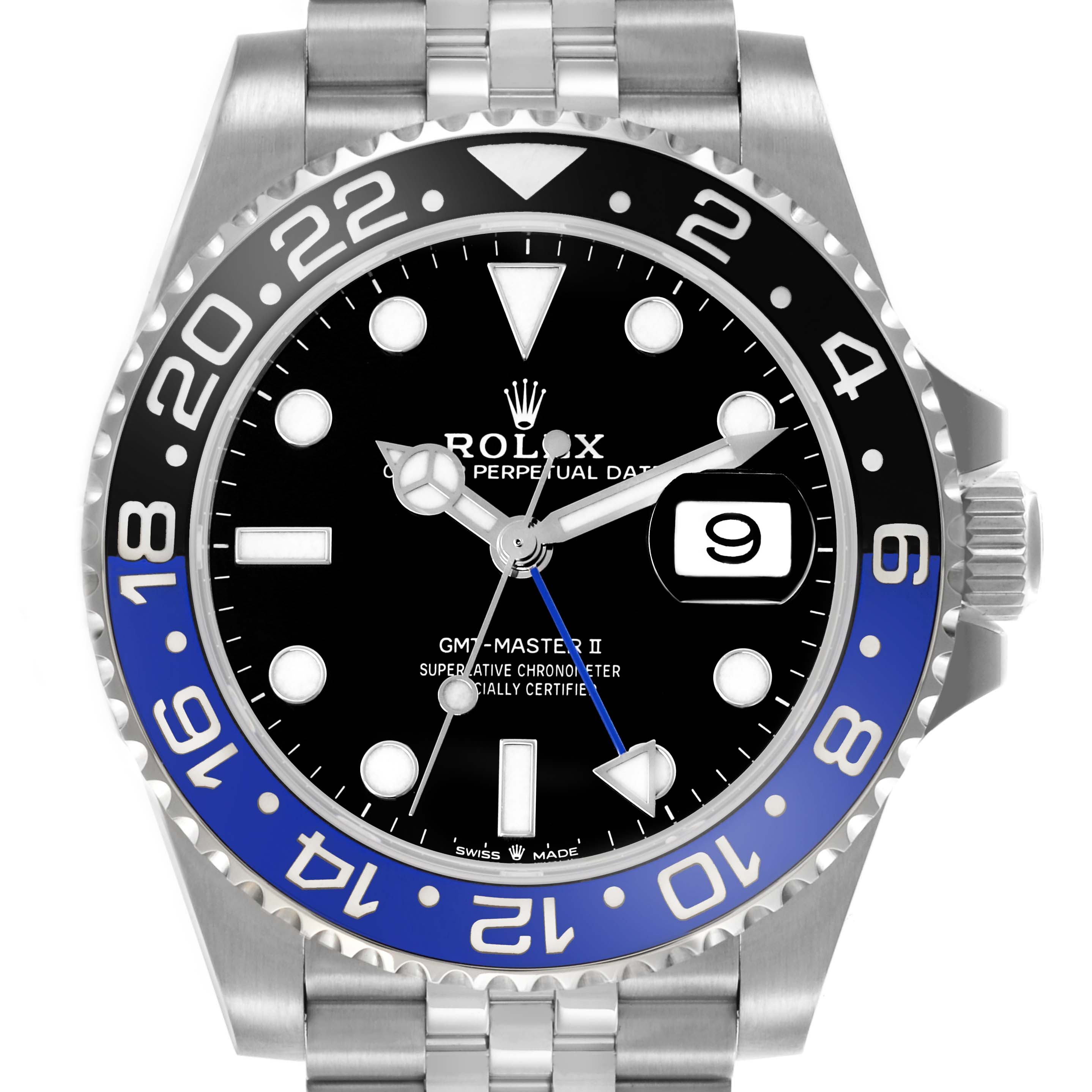 The image shows a front view of the Rolex GMT-Master 126710BLNR Men's Stainless Steel Black Dial 126710BLNR Men's Stainless Steel Black Dial II watch, highlighting the bezel, dial, and date display.