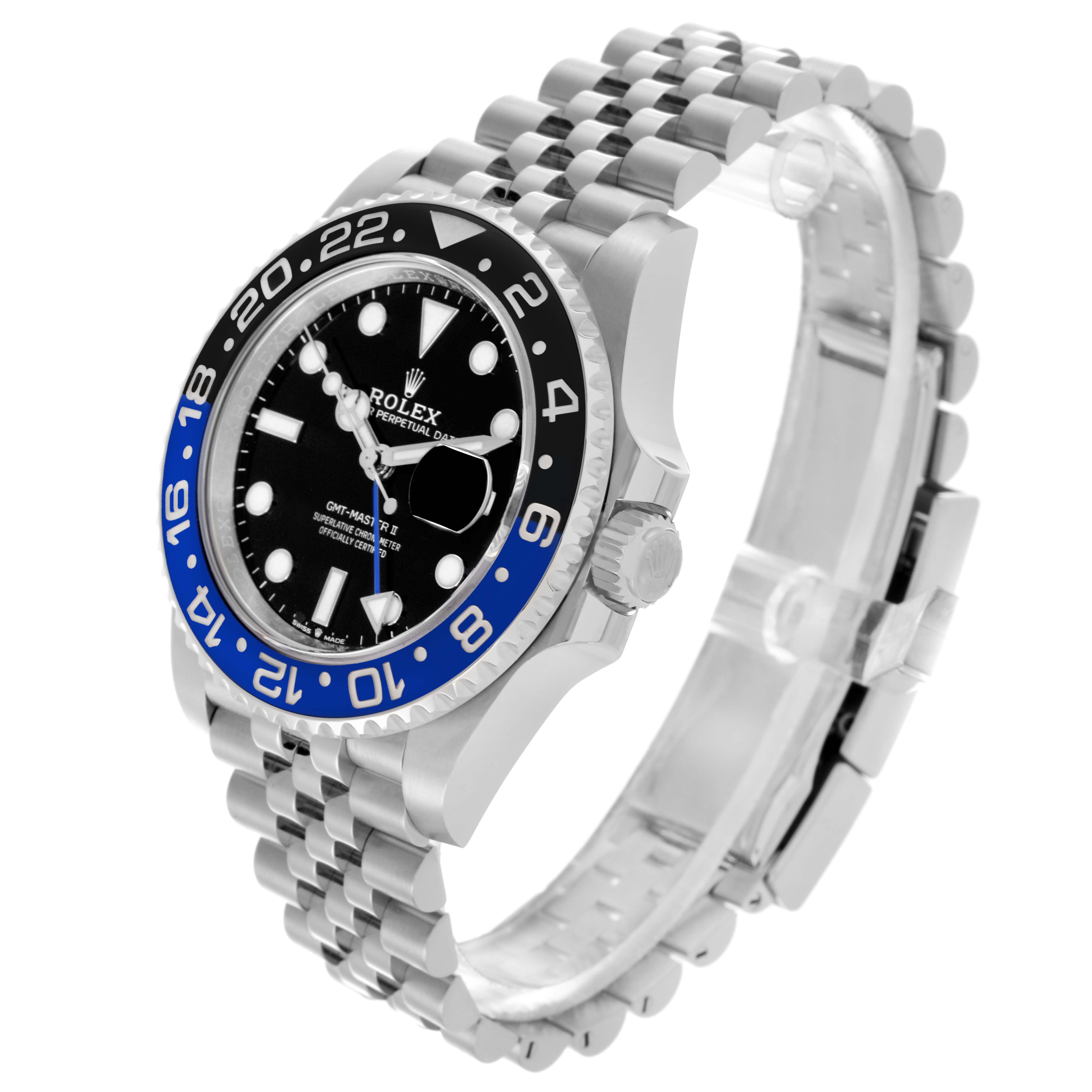 The Rolex GMT-Master 126710BLNR Men's Stainless Steel Black Dial 126710BLNR Men's Stainless Steel Black Dial watch is shown at a three-quarter angle, highlighting the bezel, crown, and Jubilee bracelet.