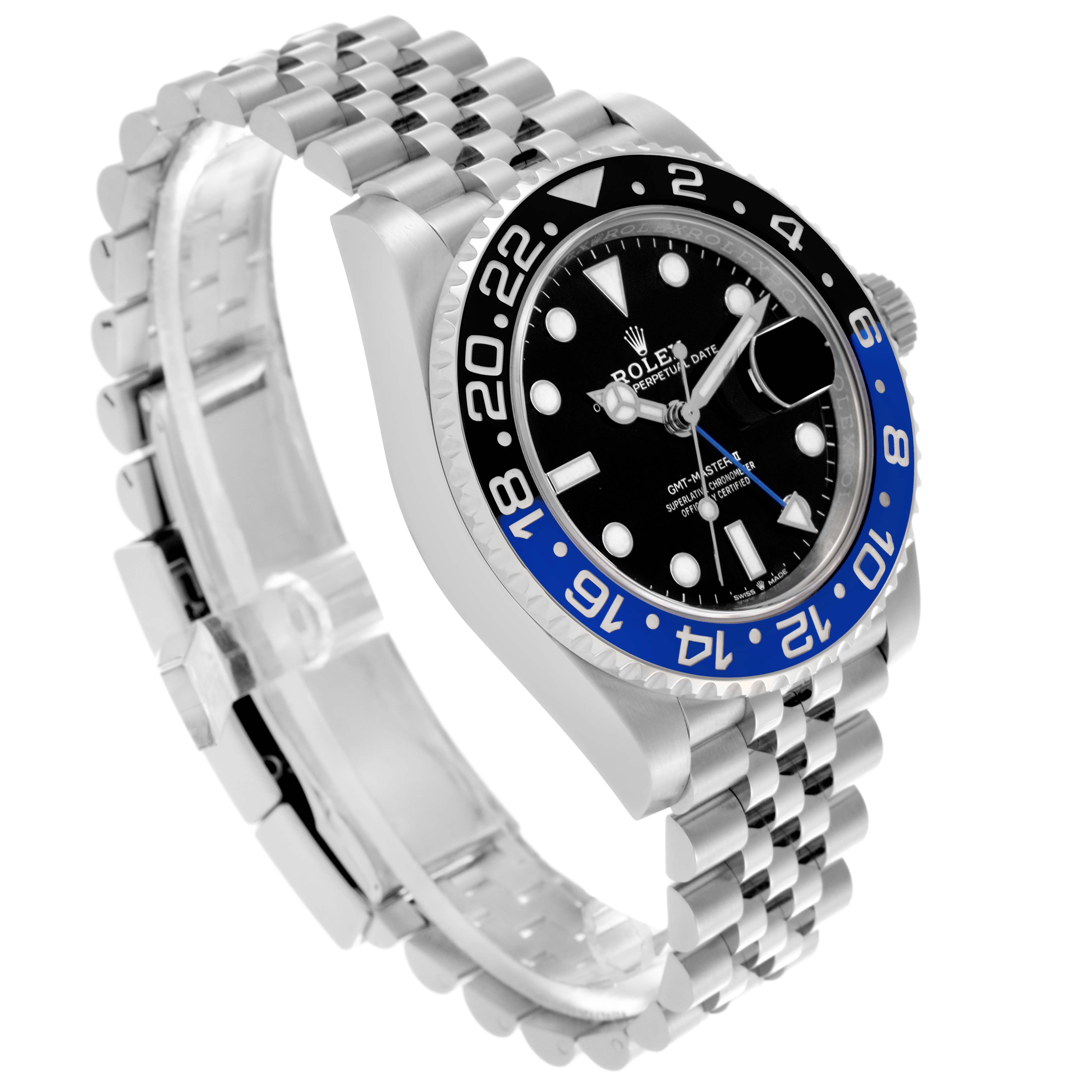 The Rolex GMT-Master 126710BLNR Men's Stainless Steel Black Dial 126710BLNR Men's Stainless Steel Black Dial watch is shown at a slight angled view, highlighting the bezel, dial, and metal bracelet.
