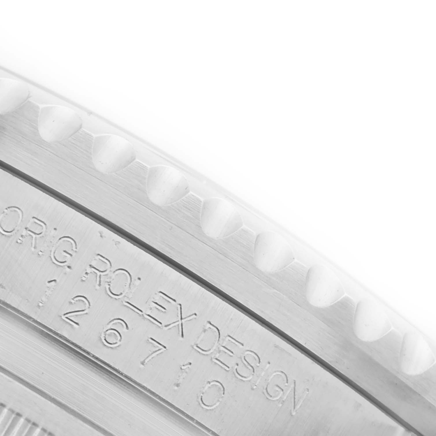 The image shows a close-up of the case side and engraved details of a Rolex GMT-Master 126710BLNR Men's Stainless Steel Black Dial 126710BLNR Men's Stainless Steel Black Dial, highlighting the model number "126710."