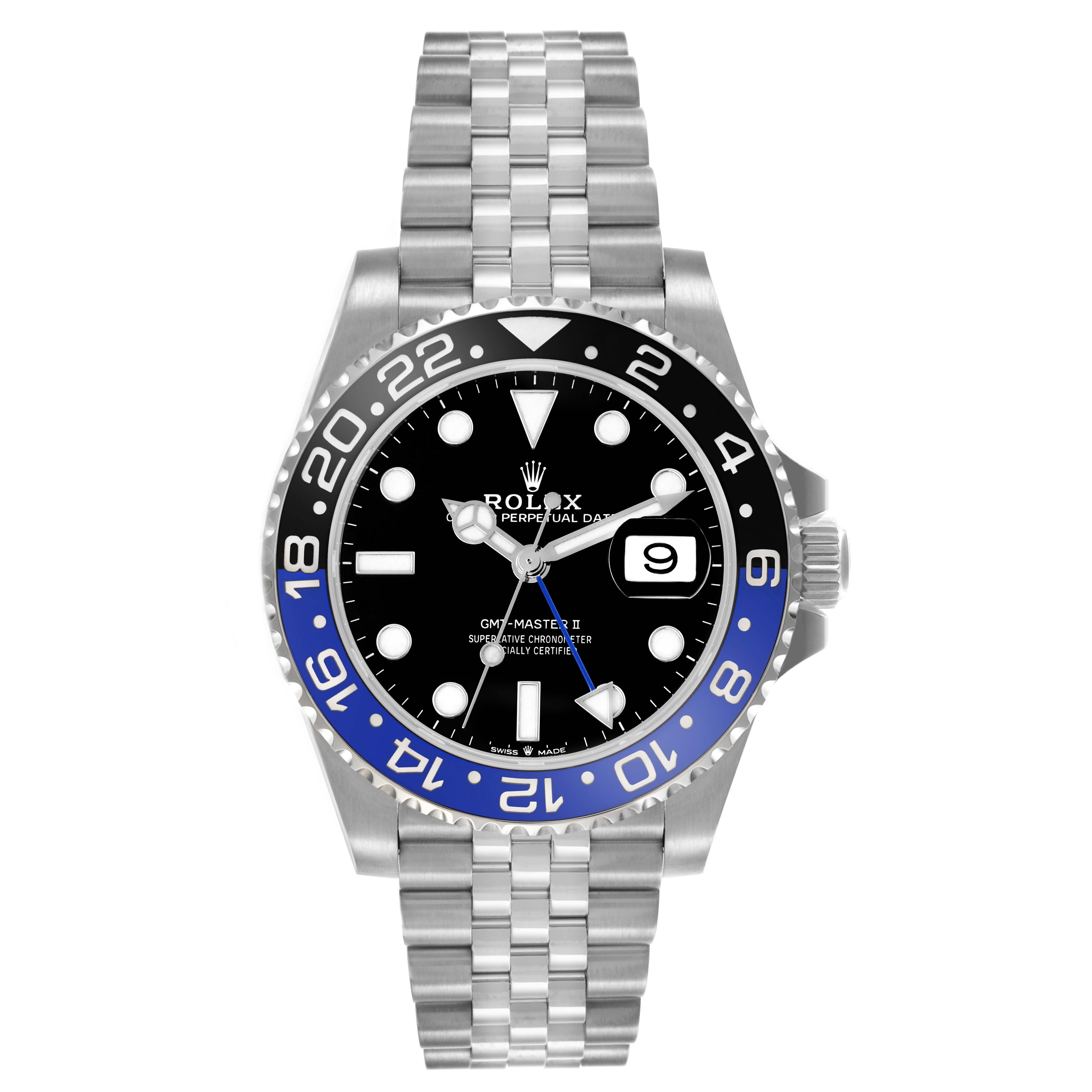 The Rolex GMT-Master 126710BLNR Men's Stainless Steel Black Dial 126710BLNR Men's Stainless Steel Black Dial watch is shown from a front angle, displaying the bezel, dial, hands, and bracelet.