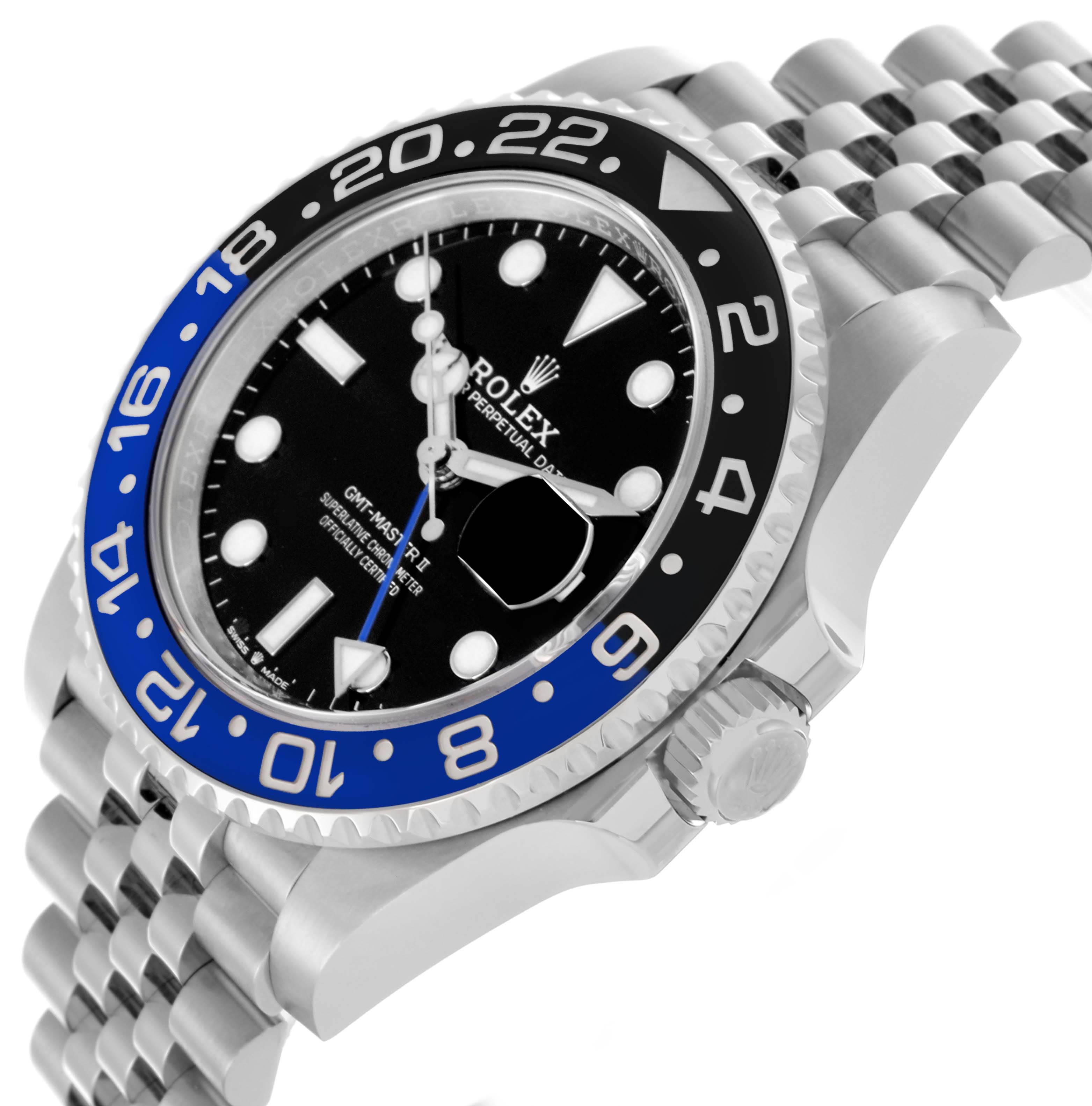This image shows a side angle of the Rolex GMT-Master 126710BLNR Men's Stainless Steel Black Dial 126710BLNR Men's Stainless Steel Black Dial II, highlighting the bezel, dial, crown, and bracelet.
