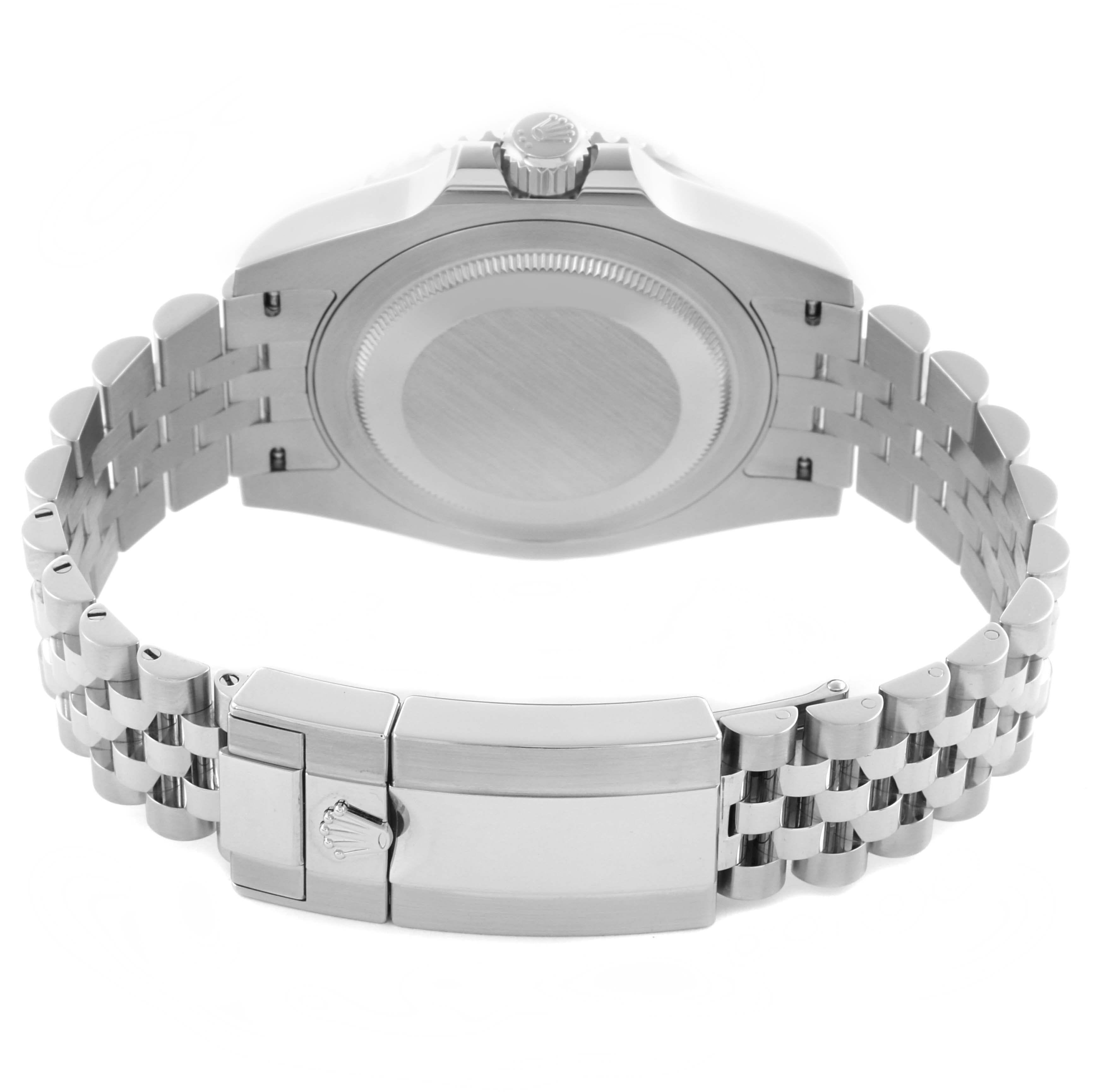 The image shows the backside of the Rolex GMT-Master 126710BLNR Men's Stainless Steel Black Dial 126710BLNR Men's Stainless Steel Black Dial, highlighting the case back, bracelet, and clasp.