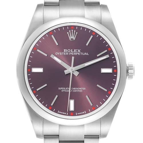 The Rolex Oyster Perpetual 114300 Men's Stainless Steel Red Dial 114300 Men's Stainless Steel Red Dial watch is shown from the front, highlighting the dial, hands, markers, and part of the bracelet.