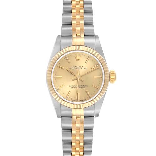 The Rolex Oyster Perpetual 67193 Women's Steel and Gold (two tone) Champagne Dial 67193 Women's Steel and Gold (two tone) Champagne Dial watch is shown from the front, displaying its dial, bezel, and two-tone bracelet.