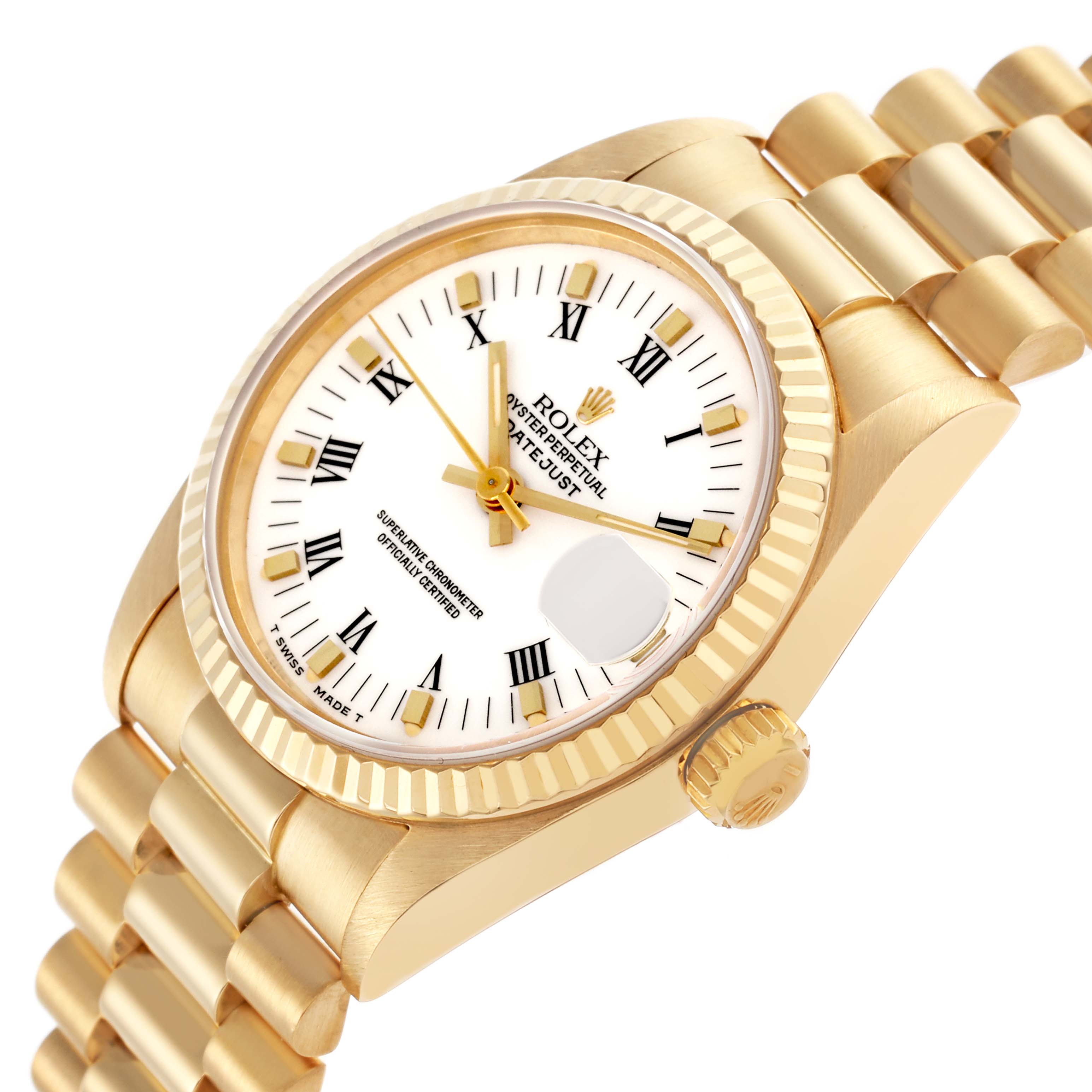 The Rolex President 68278 Women's Yellow Gold White Dial 68278 Women's Yellow Gold White Dial model is shown at an angled view displaying the face, bezel, crown, and part of the bracelet.