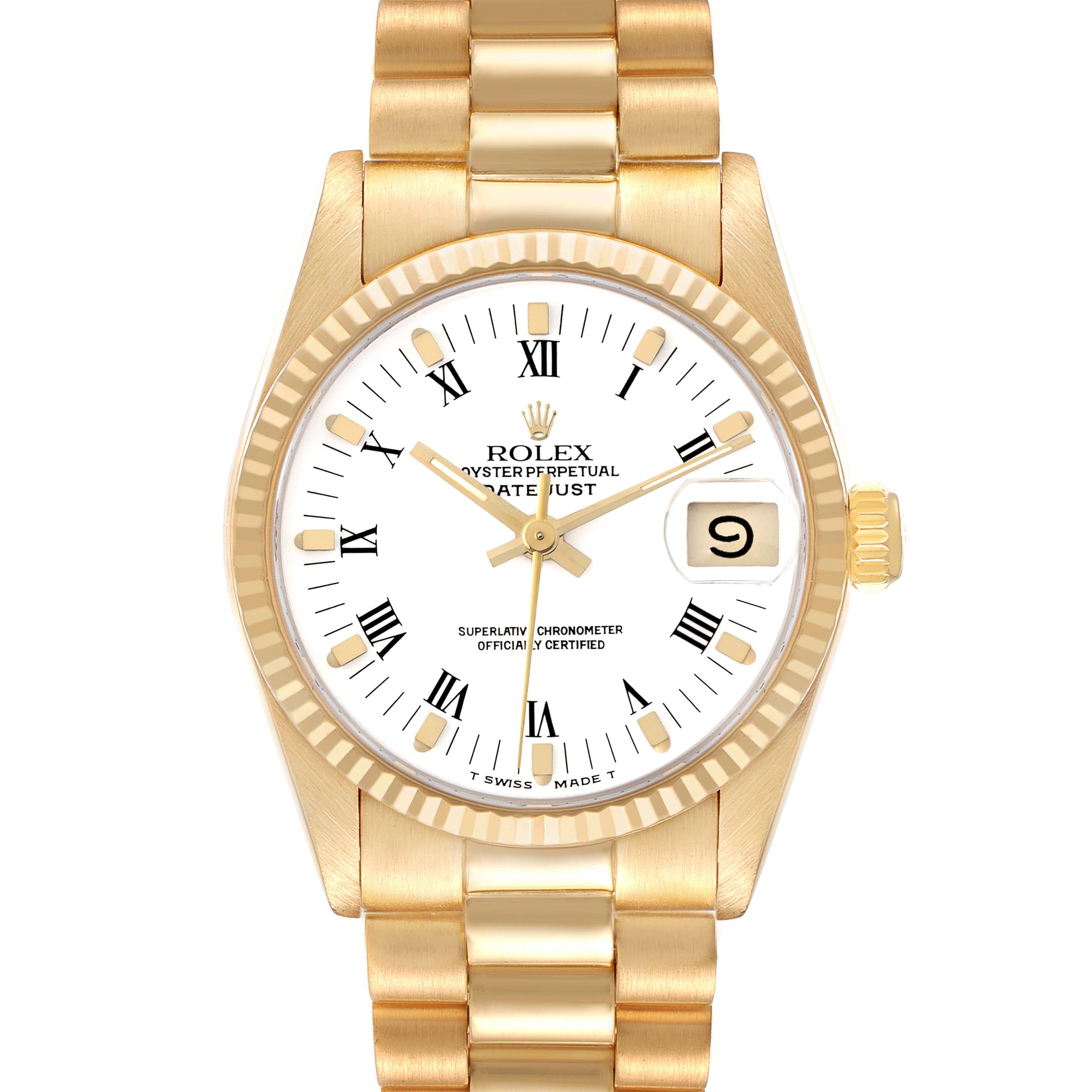 The Rolex President 68278 Women's Yellow Gold White Dial 68278 Women's Yellow Gold White Dial model watch is shown from the front, displaying its dial, hands, bezel, and bracelet.