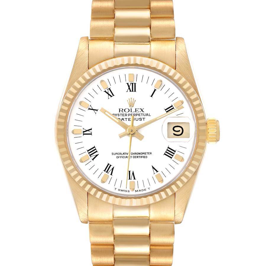 The Rolex President 68278 Women's Yellow Gold White Dial 68278 Women's Yellow Gold White Dial model watch is shown from the front, displaying its dial, hands, bezel, and bracelet.