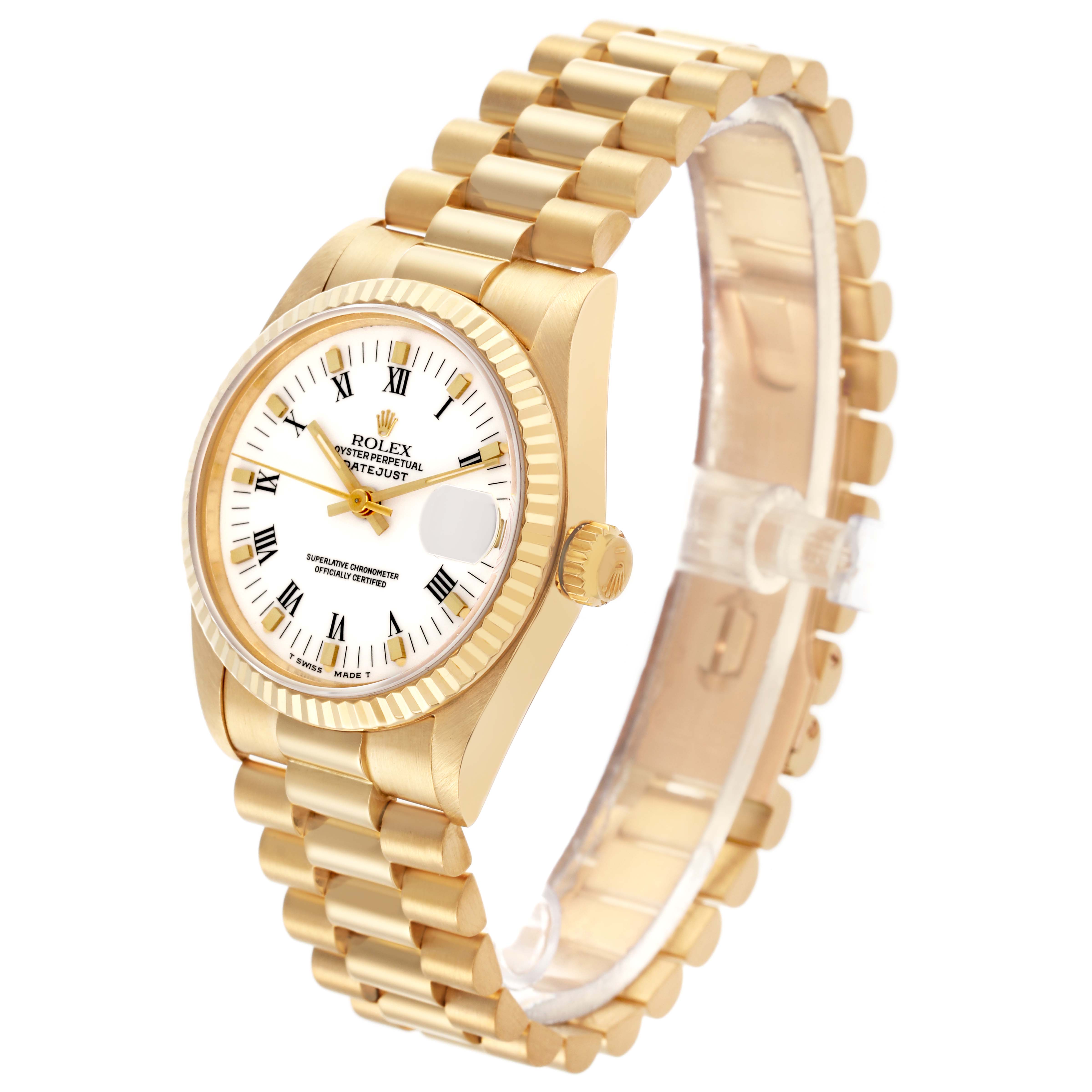 The Rolex President 68278 Women's Yellow Gold White Dial 68278 Women's Yellow Gold White Dial watch is shown at a slight angle, highlighting the dial, case, crown, and bracelet.