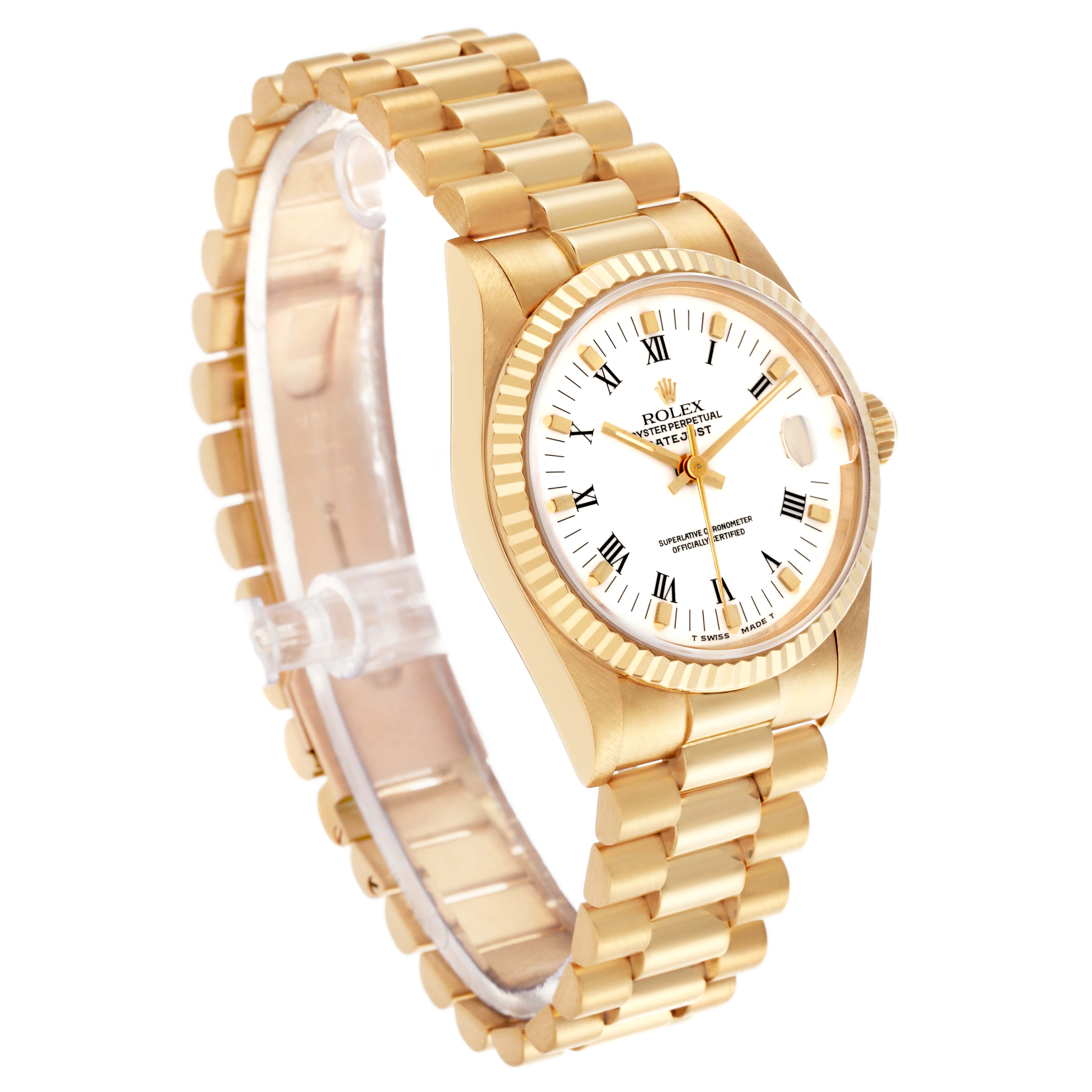 The Rolex President 68278 Women's Yellow Gold White Dial 68278 Women's Yellow Gold White Dial model is shown in a three-quarter angle, highlighting the bracelet, case, bezel, and dial.