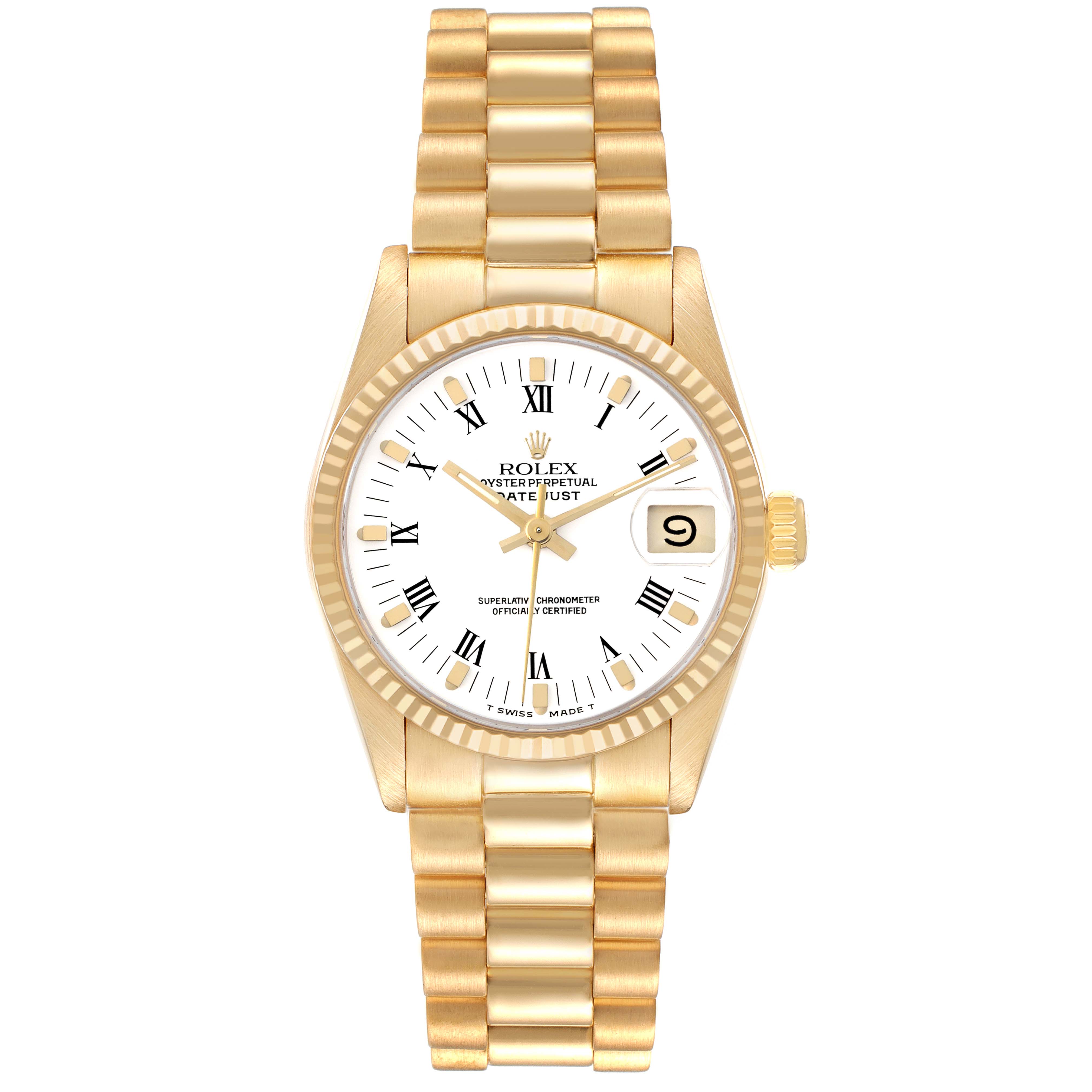 The Rolex President 68278 Women's Yellow Gold White Dial 68278 Women's Yellow Gold White Dial model is shown from the front, displaying its gold case, bracelet, white dial, and date window.