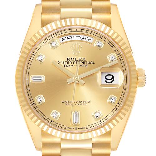 The Rolex President 128238 Men's Yellow Gold Champagne Dial 128238 Men's Yellow Gold Champagne Dial watch is shown from the front, displaying the face, day, date, and part of the bracelet.