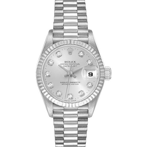 The image shows a Rolex President 79179 Women's White Gold Silver Dial 79179 Women's White Gold Silver Dial model watch in a frontal view, highlighting its dial, hands, date window, and bracelet.