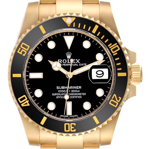 The Rolex Submariner 116618LN Men's Yellow Gold Black Dial 116618LN Men's Yellow Gold Black Dial watch is shown from a direct front angle, highlighting the dial, bezel, and part of the bracelet.