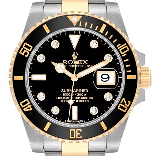 The image shows a front view of the Rolex Submariner 116613 Men's Steel and Gold (two tone) Black Dial 116613 Men's Steel and Gold (two tone) Black Dial watch, highlighting its bezel, dial, hands, and date window.