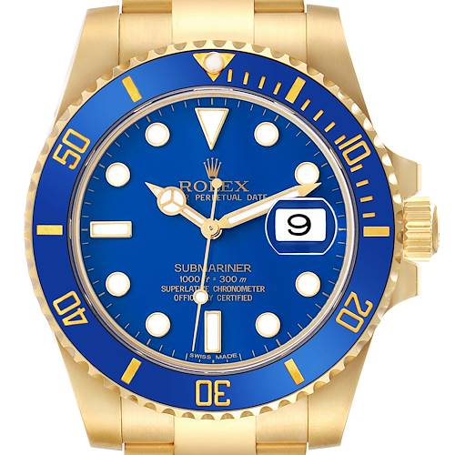 The image shows a front view of a Rolex Submariner 116618LB Men's Yellow Gold Blue Dial 116618LB Men's Yellow Gold Blue Dial, highlighting its blue dial and bezel, gold case, and bracelet.
