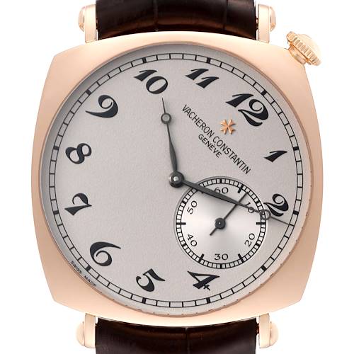 The image shows a frontal view of the Vacheron Constantin Historiques 82035/000R Men's Rose Gold Silver Dial 82035/000R Men's Rose Gold Silver Dial watch, highlighting the dial, numerals, and crown.