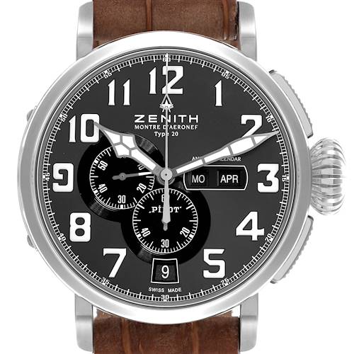 The Zenith Pilot 03.2430.4054/21.C721 Men's Stainless Steel Black Dial 03.2430.4054/21.C721 Men's Stainless Steel Black Dial watch is shown from the front, highlighting the face and dial features.