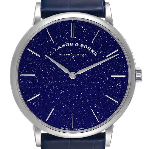 The image shows a front view of the A. Lange & Sohne Saxonia 205.086 / LSLS2053AX Men's White Gold Blue Dial watch, displaying the dial, hands, and part of the strap.