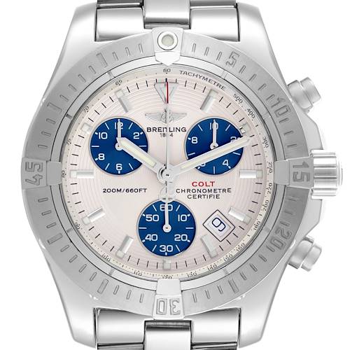 The Breitling Colt A73380 Men's Stainless Steel Silver Dial A73380 Men's Stainless Steel Silver Dial watch is shown from a front angle, highlighting its dial, bezel, and chronograph sub-dials.