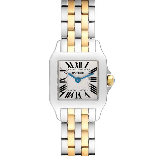 The Cartier Santos Demoiselle W25066Z6 Women's Steel and Gold (two tone) Silver Dial W25066Z6 Women's Steel and Gold (two tone) Silver Dial watch is shown from a front angle, displaying the face, bezel, and part of the bracelet.