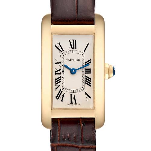 This is a front view of the Cartier Tank Americaine W26015K2 Women's Yellow Gold Silver Dial W26015K2 Women's Yellow Gold Silver Dial watch, showing the rectangular dial with Roman numerals and a leather strap.
