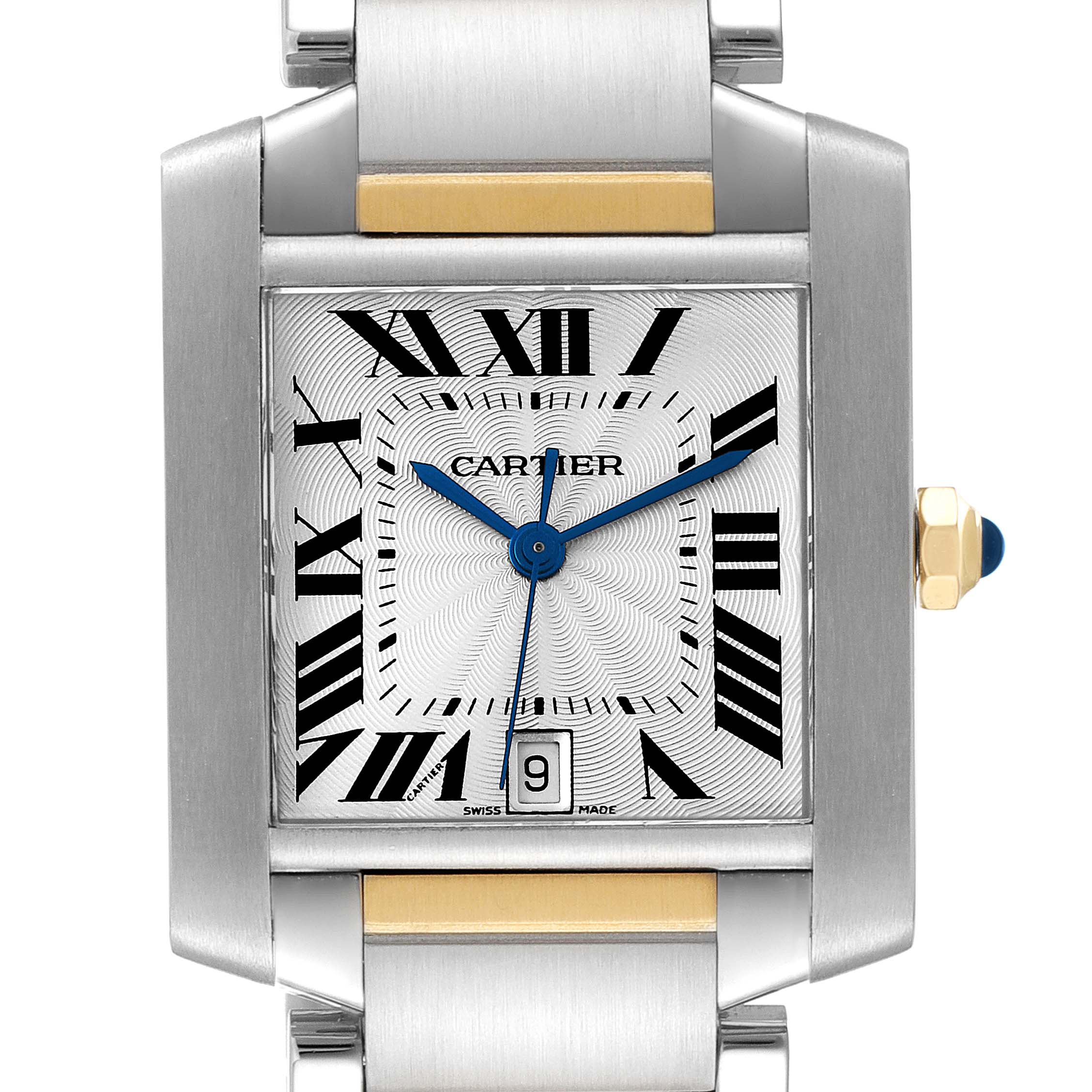 The image shows a top-front view of the Cartier Tank Francaise W51005Q4 Women's Steel and Gold (two tone) Silver Dial W51005Q4 Women's Steel and Gold (two tone) Silver Dial watch, highlighting its face, bezel, and part of the bracelet.